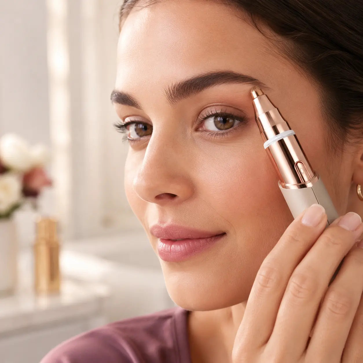 Woman refining the outer edge of her eyebrow with the precision head