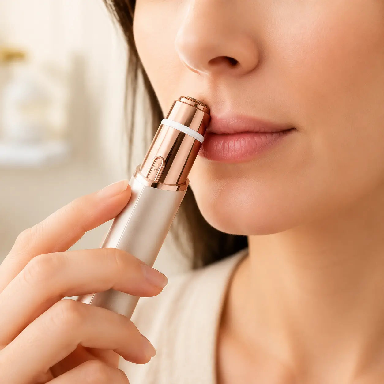 Woman using the circular facial trimmer head above her upper lip