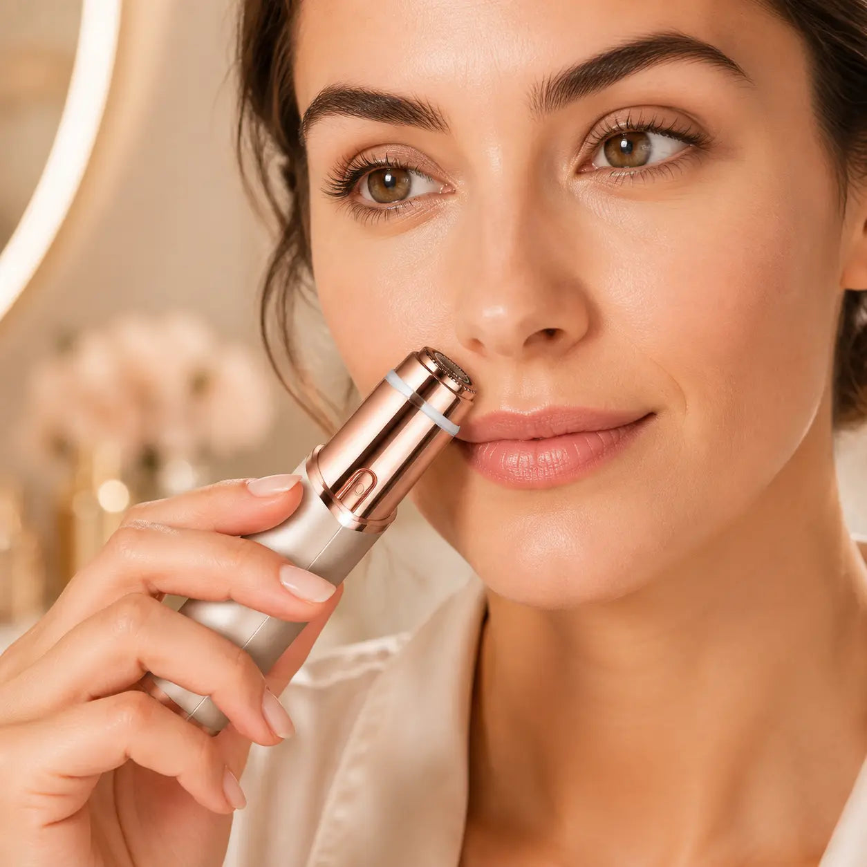 Woman using the Winneri circular facial trimmer above her upper lip