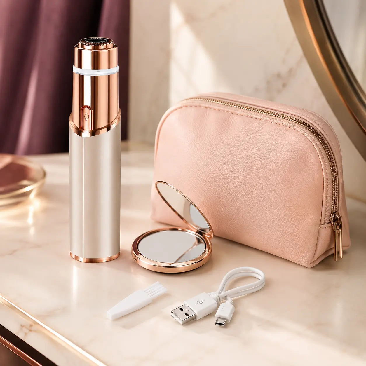 Winneri rechargeable trimmer beside a travel pouch, mirror, brush, and USB cable
